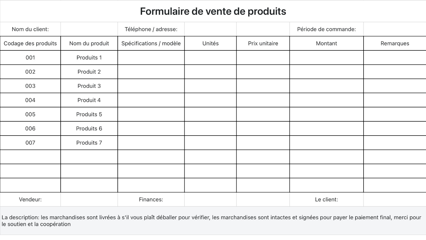 Formulaire de vente de produits
